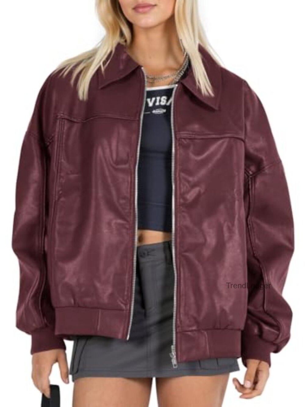 Womens Faux Leather Jacket Oversized Bomber Zip Motor Biker Coat Trendy Loose